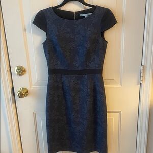 ANTONIO MELANI Blue and Black Floral Midi Dress Size 2. Cocktail Wedding guest
